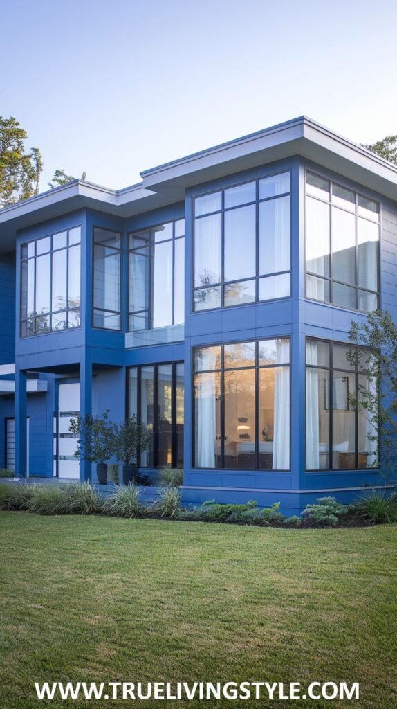 A modern, cubic house painted in a bold blue, featuring large, expansive windows and a flat roofline.
