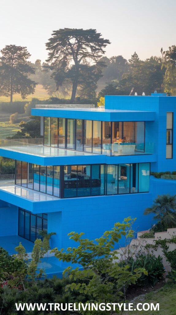 A striking modern blue home with cantilevered balconies, contemporary glass railings, and extensive use of glass in its facade.