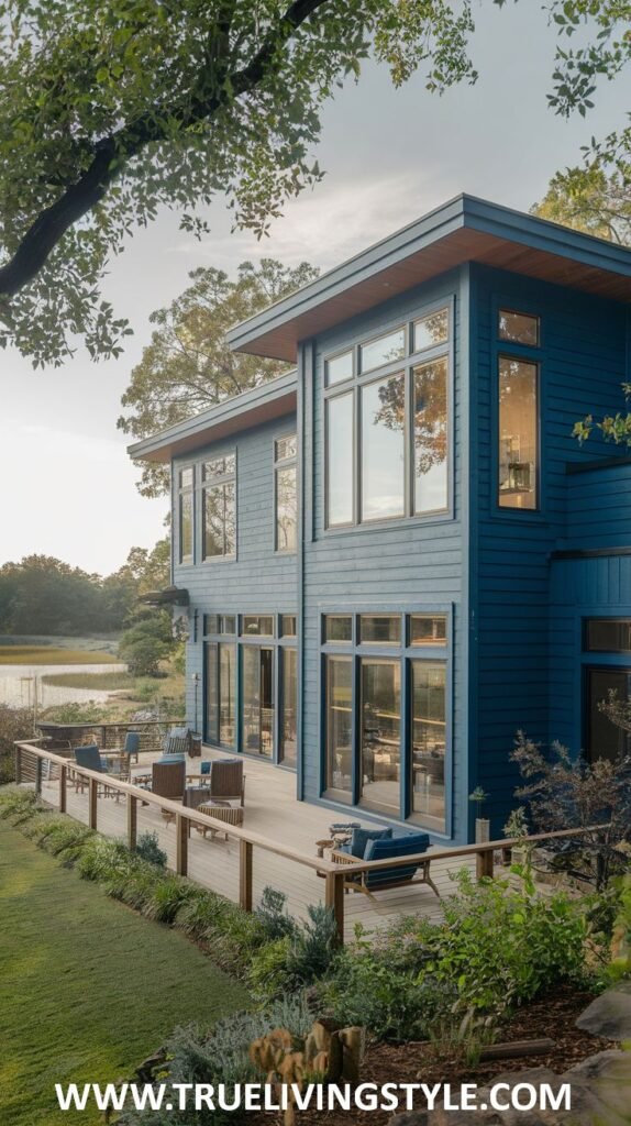 A blue house situated by a lake, featuring an expansive wooden deck, numerous large windows, and a view of the water.