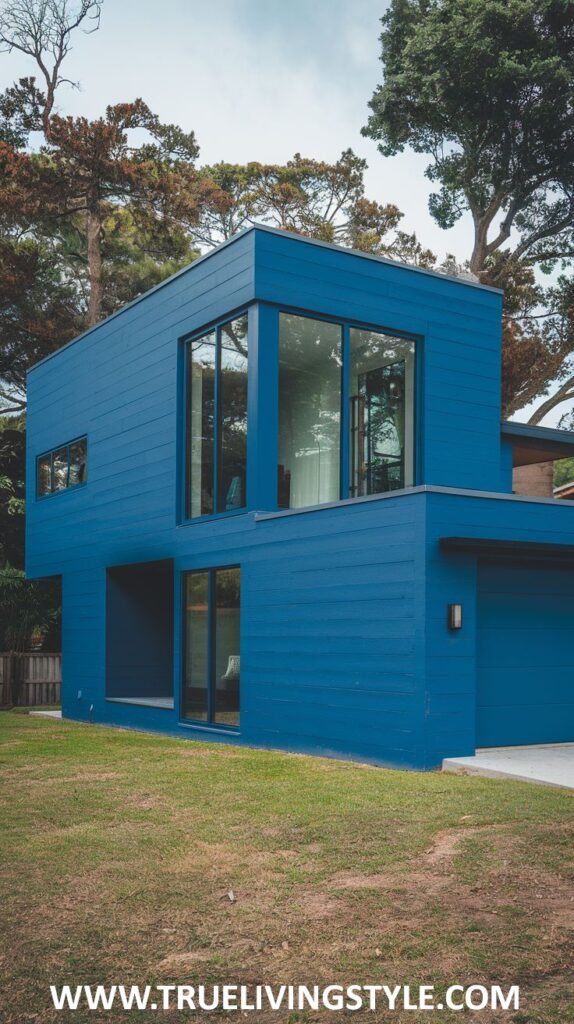 A boxy, modern house painted in a strong blue, with contrasting black window frames defining the openings.
