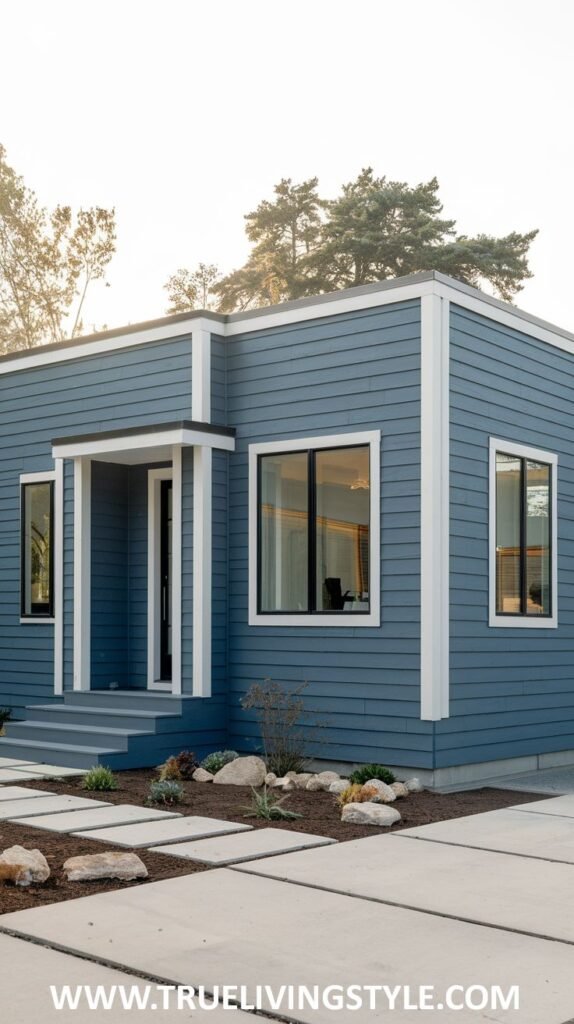 A compact, single-story house in a lighter blue shade, accented with crisp white trim and concrete pavers leading to the entrance.
