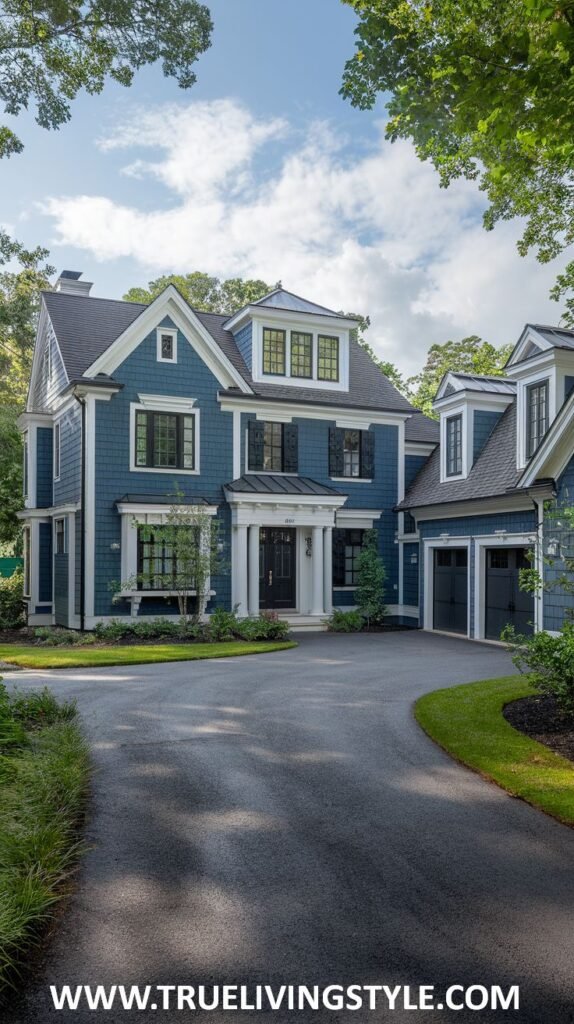 A grand, multi-story blue house with dormer windows, black shutters, a stone foundation, and a paved driveway.