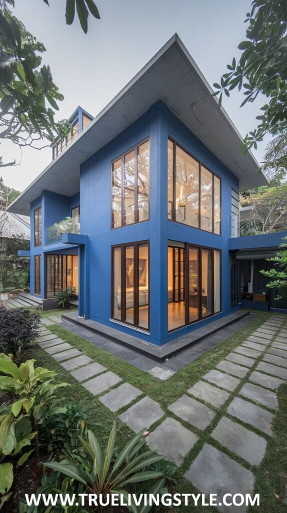 A modern, vibrant blue house with a distinctive angled roof and numerous large windows, surrounded by lush green trees and foliage.