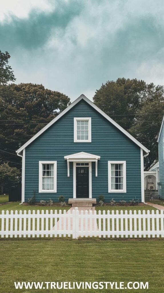 A small, classic cottage painted in a muted blue, accented with white trim and a traditional white picket fence, with a green lawn in front.