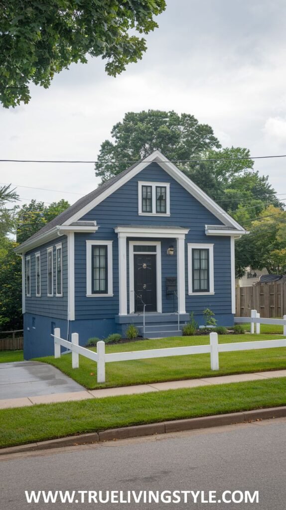 A blue house with a visible basement level, featuring contrasting white trim around the windows and roofline, and a well-maintained lawn.