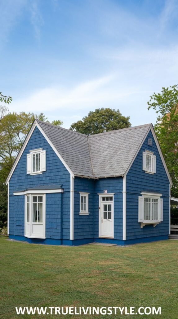 A blue house with distinctive bay windows, a contrasting gray roof, white trim, and a well-kept green lawn.