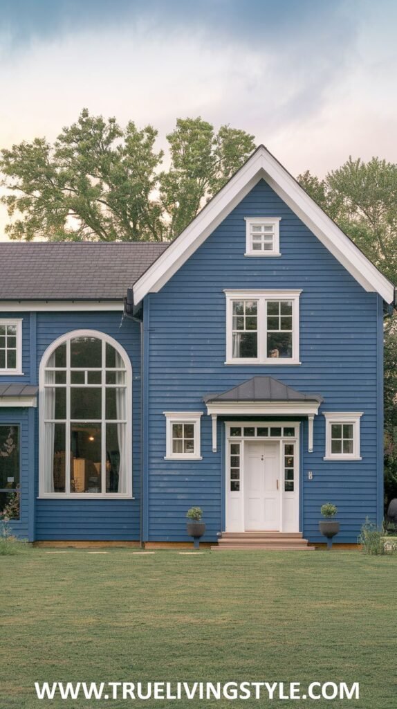A modern blue farmhouse-style home featuring a striking large arched window as a focal point, with a dark roof and surrounded by greenery.