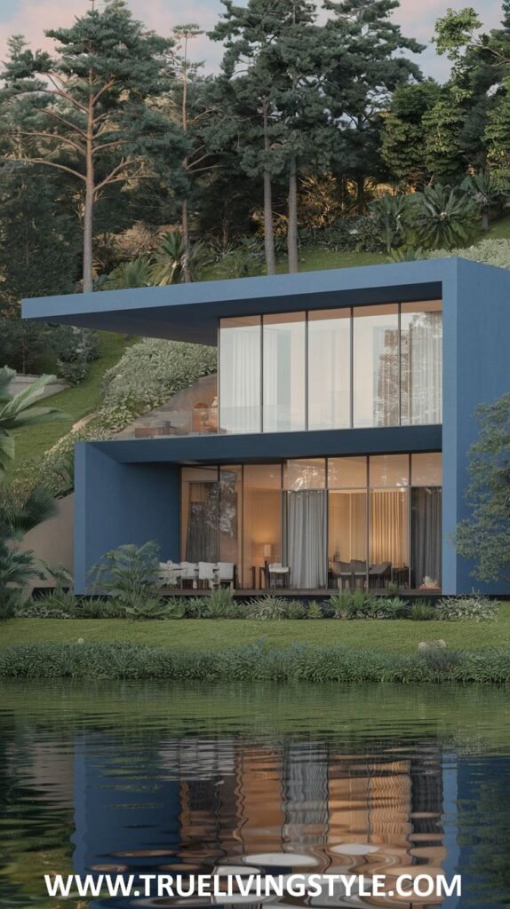 A two-story contemporary house in a sleek, vibrant blue, with large glass panels, a minimalist roofline, and a reflection visible in the water in front.