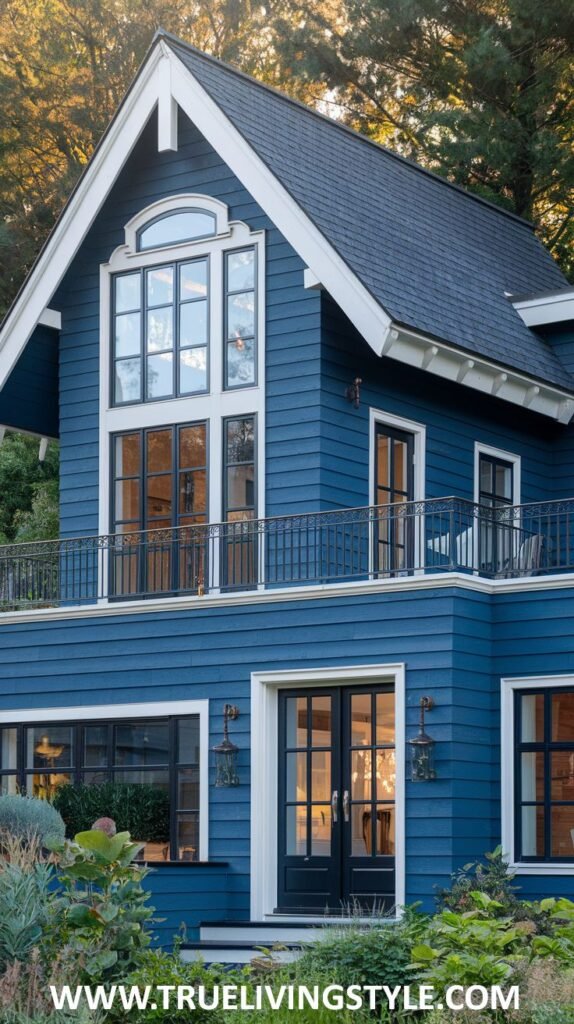 A blue house with a prominent gable roof, a second-story balcony with a black railing, and contrasting white trim around the windows and rooflines.