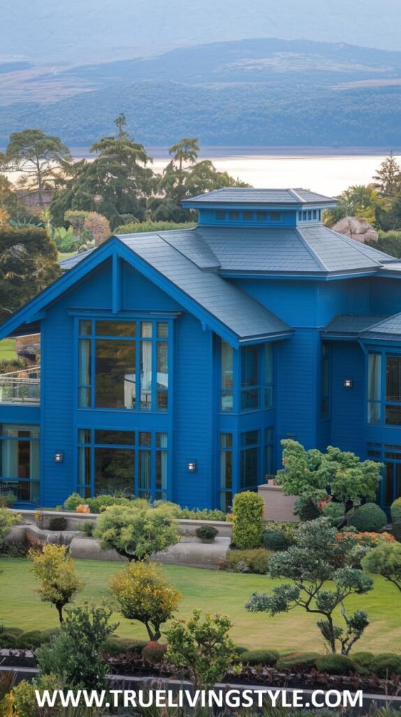 An expansive blue residence with a complex arrangement of varied rooflines, numerous windows, and lush gardens surrounding it.