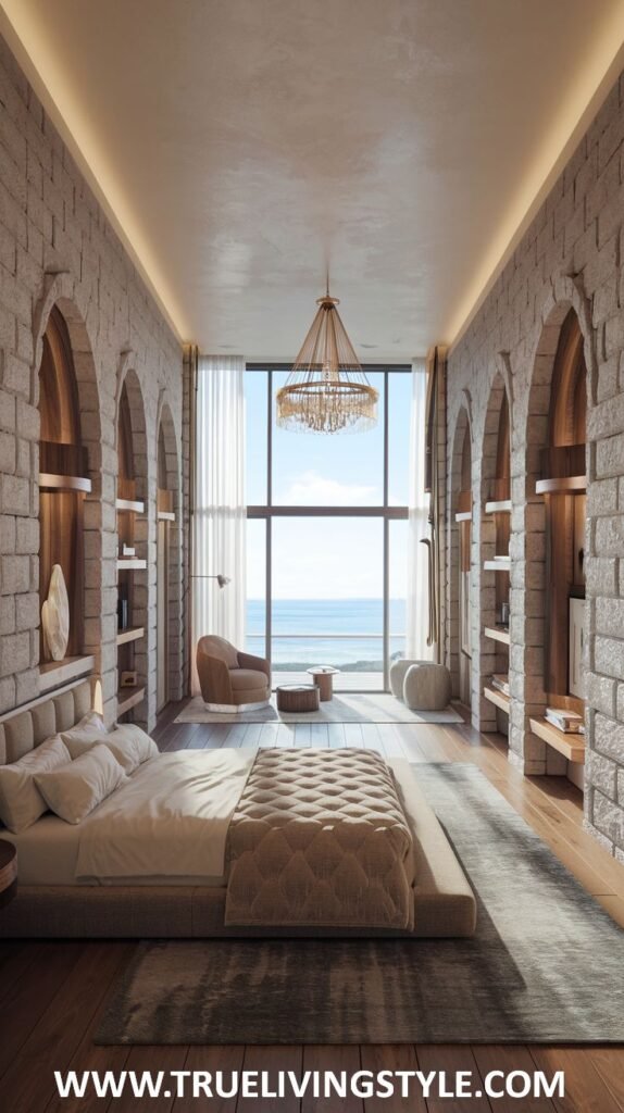 A luxurious modern coastal bedroom with exposed stone walls, a large floor-to-ceiling window with an ocean view, a modern chandelier, and a neutral color palette.