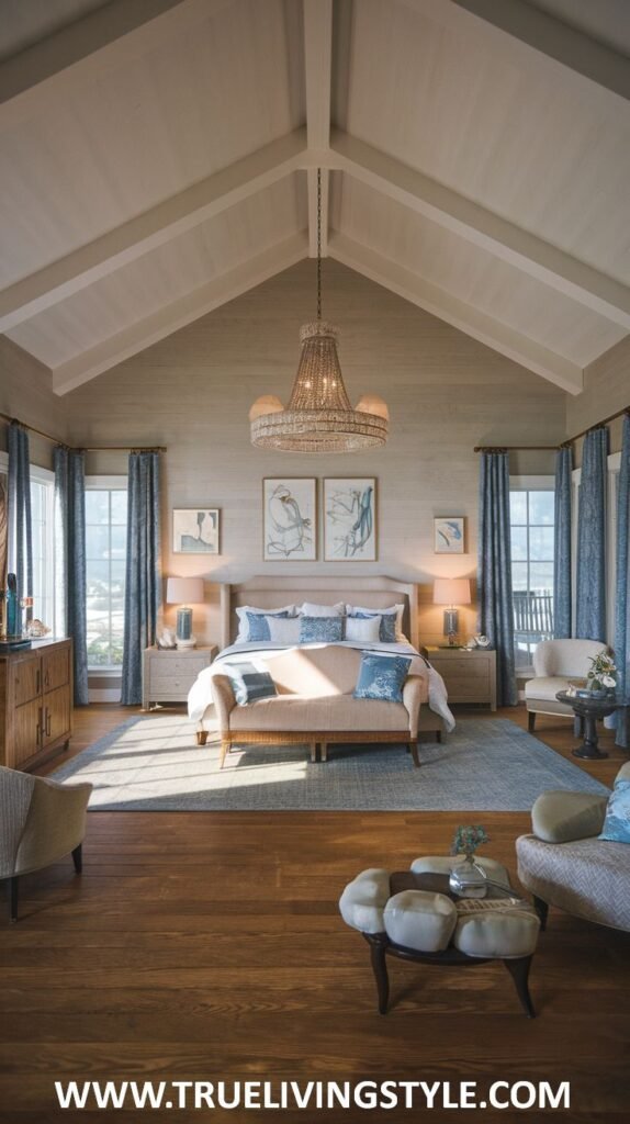 A grand modern coastal bedroom with high ceilings, multiple windows offering expansive water views, a neutral color scheme with blue accents, and ample seating areas.