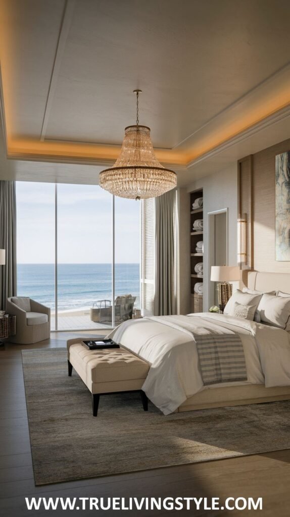 An elegant modern coastal bedroom featuring a crystal chandelier, large windows with a stunning ocean backdrop, a neutral color palette, and clean furniture lines.
