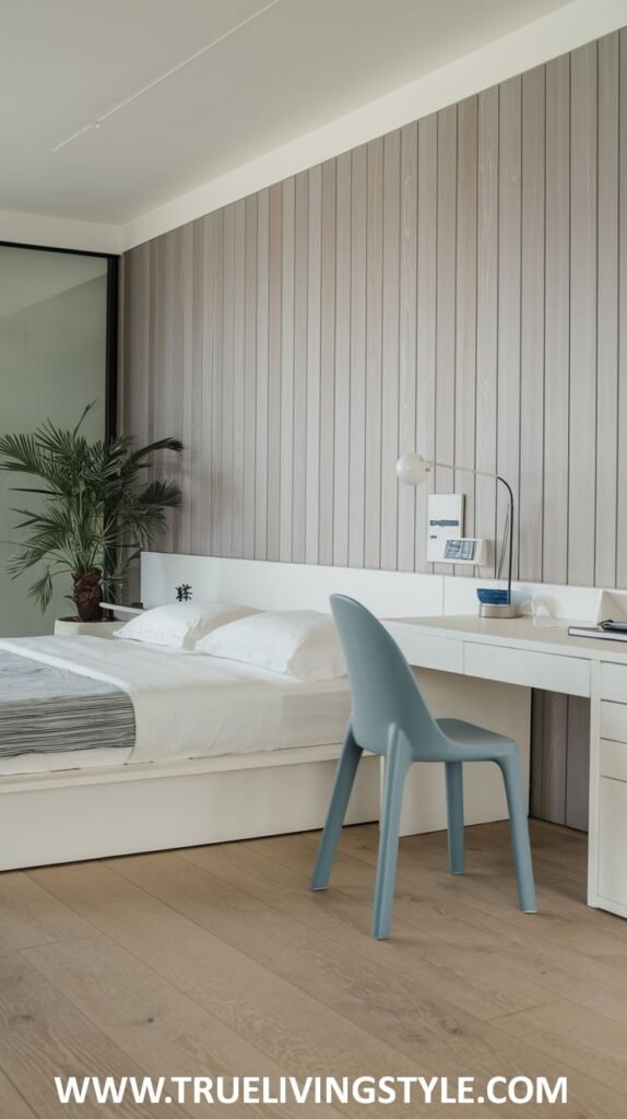 A functional modern coastal bedroom integrating a desk space, light wood paneling, white accents, and a window with a glimpse of greenery suggesting a coastal environment.