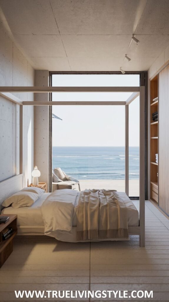A unique industrial modern coastal bedroom with concrete walls contrasted by an ocean view from a large window, minimalist furniture, and neutral bedding.