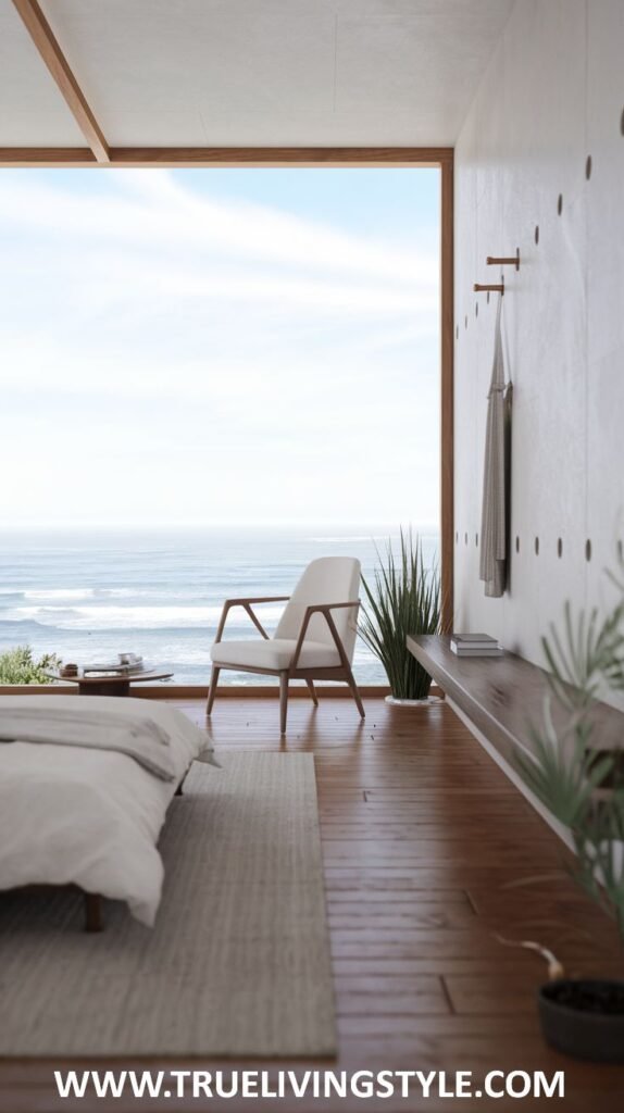 An open-concept modern coastal bedroom with direct access to a deck overlooking the ocean, minimal decor, and natural materials.