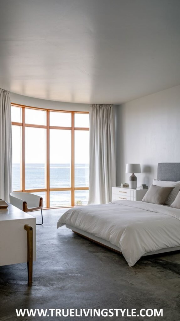 A chic modern coastal bedroom featuring a bay window with a view of the sea, a polished concrete floor, and a neutral color palette with subtle textures.