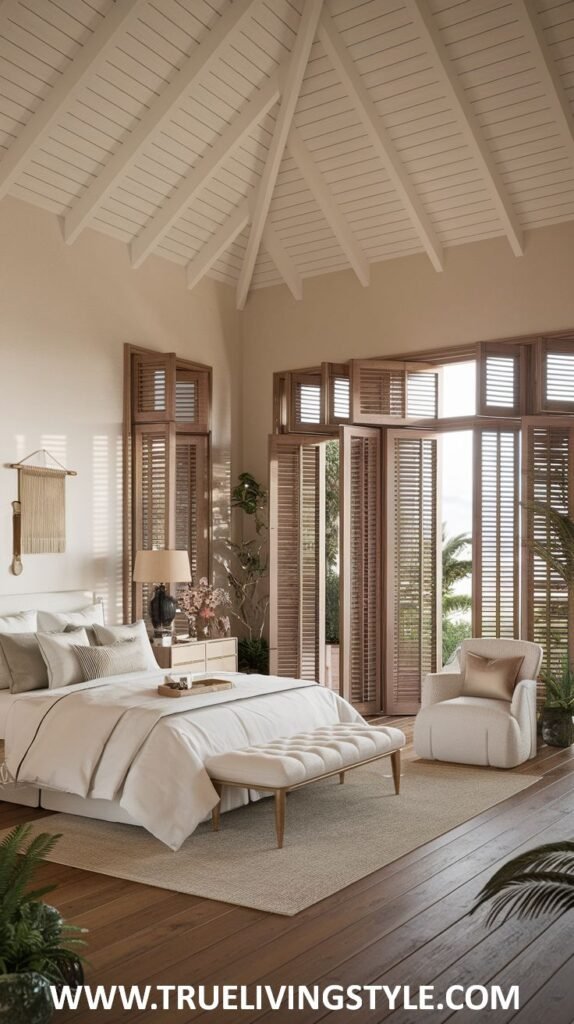 A tropical modern coastal bedroom with plantation shutters, lush greenery, a neutral color scheme with natural wood tones, and open doors suggesting a connection to the coastal environment.