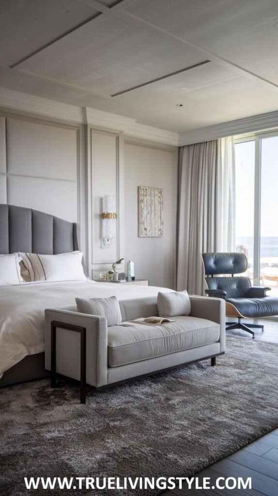 A contemporary modern coastal bedroom featuring a statement lounge chair, large windows with captivating water views, and a neutral color palette with varied textures.