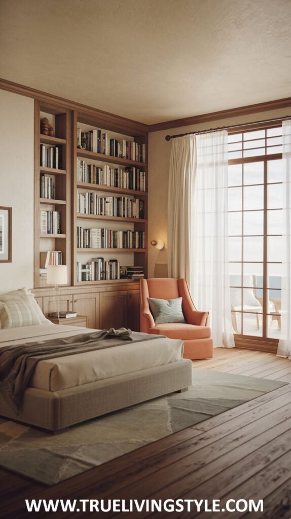 A unique literary modern coastal bedroom incorporating built-in bookshelves and a window offering a glimpse of the ocean, with warm wood tones and comfortable seating.