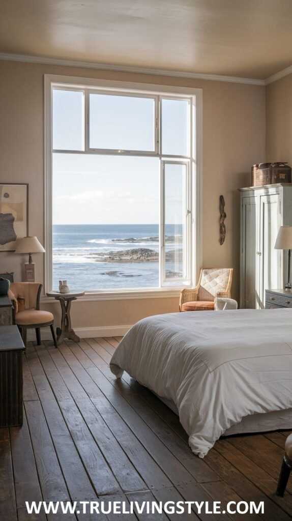 A vintage modern coastal bedroom combining vintage furniture with a modern layout, an open window inviting the coastal breeze, and a wooden floor.