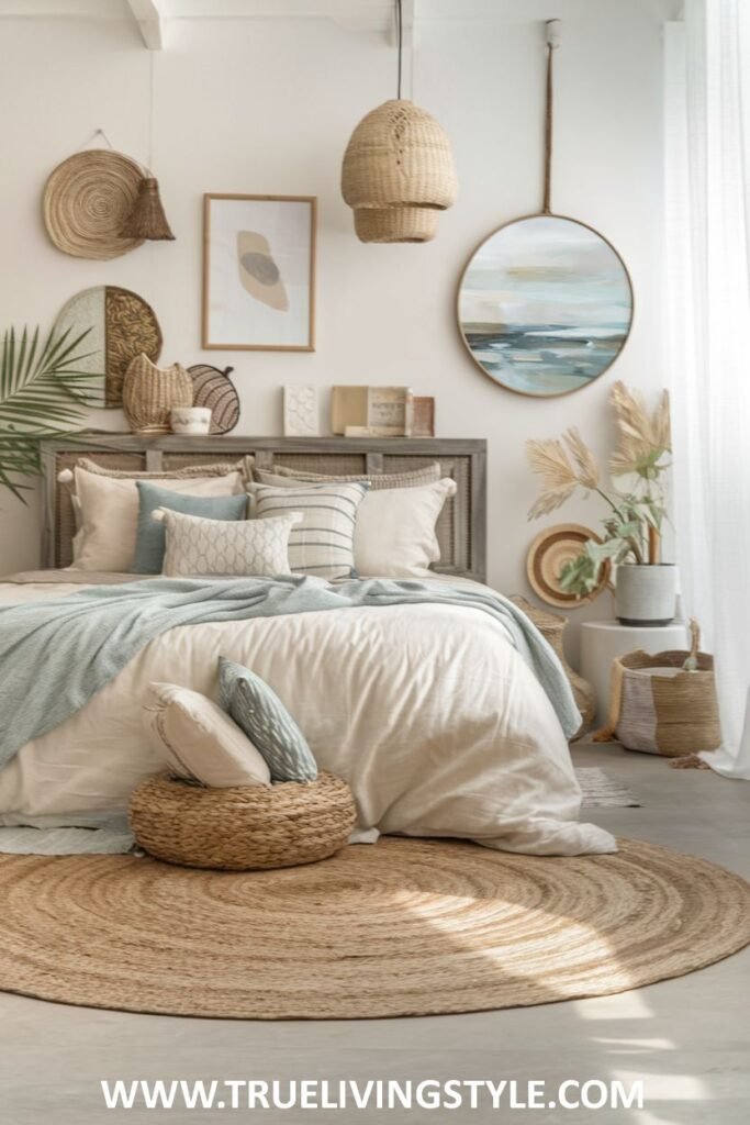 A bohemian modern coastal bedroom featuring natural textures like a round jute rug and wicker baskets, macrame wall hangings, and a light and airy color palette with various patterns.
