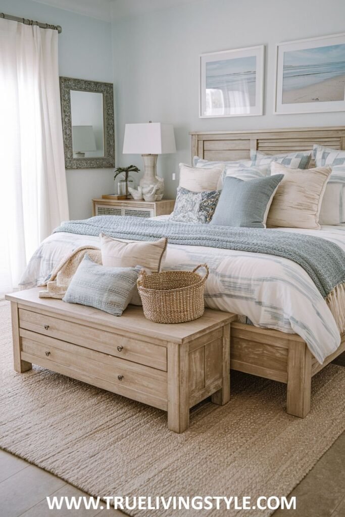 A casual modern coastal bedroom including a wooden bench and beach-inspired art, with light blue and white bedding creating a fresh atmosphere.