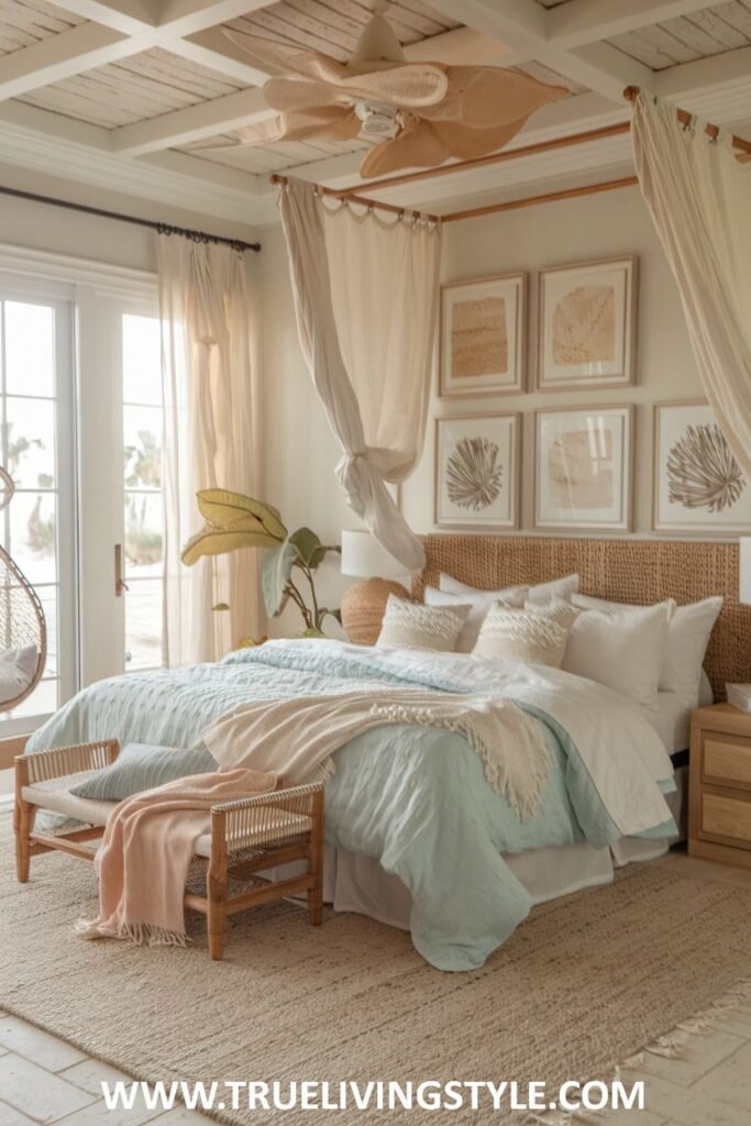 A romantic modern coastal bedroom featuring a four-poster bed with sheer curtains, coastal artwork, natural textures, and a light color palette.