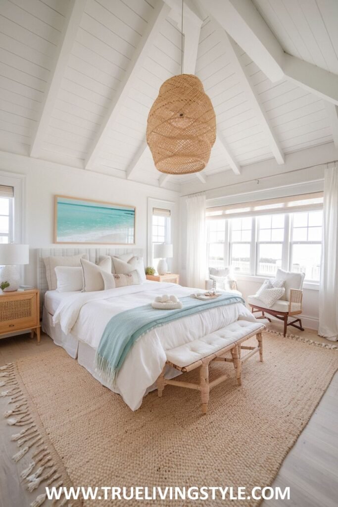 A Scandinavian modern coastal bedroom emphasizing simplicity with clean lines, minimal decor, a woven pendant light, and large windows offering a serene ocean view.