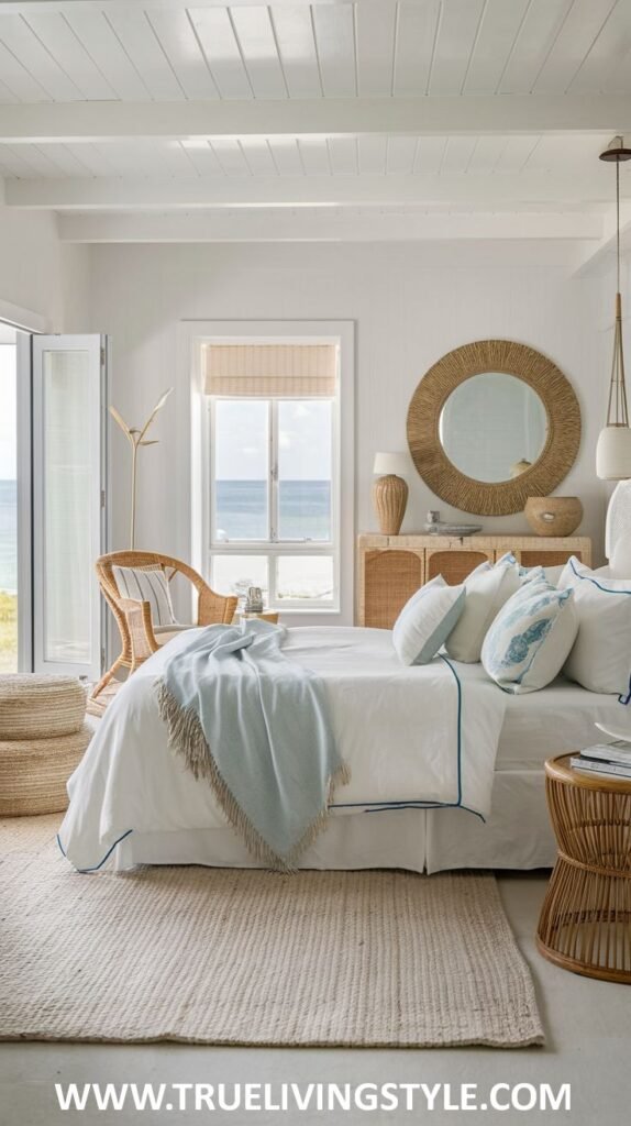 A light and airy modern coastal bedroom with white linens featuring blue trim, a wicker chair, a round jute rug, a woven side table, a large window overlooking the ocean, and a driftwood-inspired mirror.
•
Image 2: A luxurious modern coastal bedroom with exposed stone walls, a large floor-to-ceiling window with an ocean view, a modern chandelier, and a neutral color palette.
