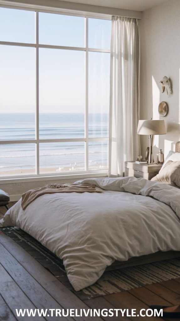 A serene modern coastal bedroom with a large window showing the ocean, a wooden floor, subtle wooden accents, and light-colored linens creating a peaceful atmosphere.