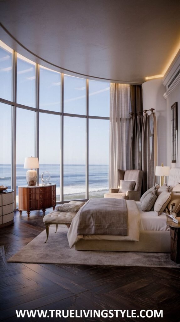 An elegant modern coastal bedroom featuring a curved floor-to-ceiling window with an ocean view, sophisticated furnishings including a plush bed and tufted bench, and a neutral color scheme with blue hints.