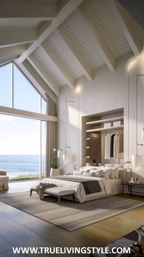 A spacious modern coastal bedroom with a vaulted ceiling, a large window offering an ocean view, a walk-in closet, and a neutral color palette with subtle textures.