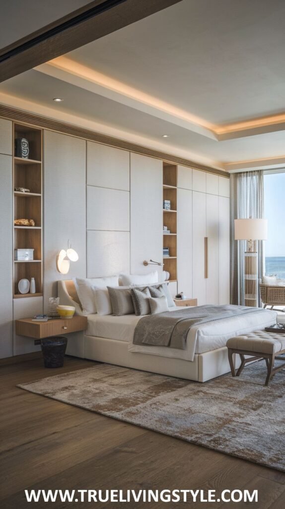 A streamlined modern coastal bedroom with built-in storage, wooden floors, neutral bedding, subtle coastal decor, and a glimpse of the ocean through the window.