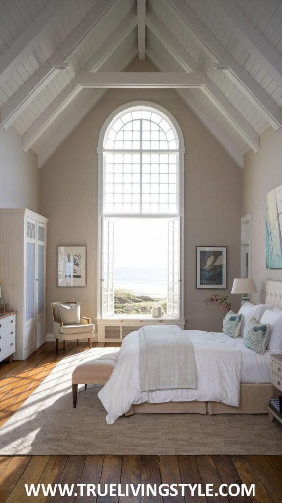 A charming modern coastal bedroom with a unique arched window framing beach and ocean views, light wood floors, white walls, and blue and white patterned pillows.