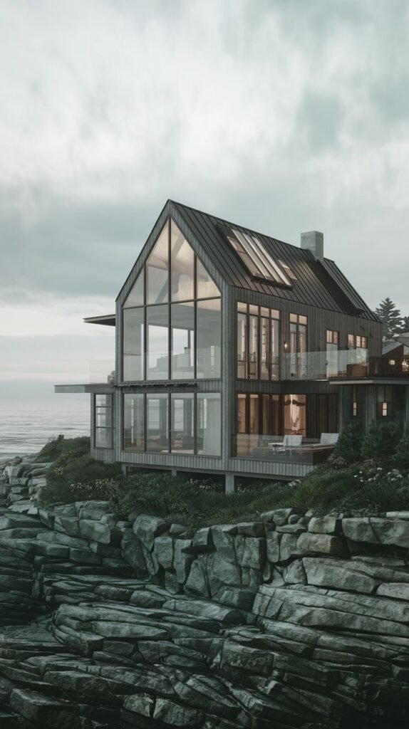 A glass-walled cottage perched on rocky cliffs overlooking the ocean.