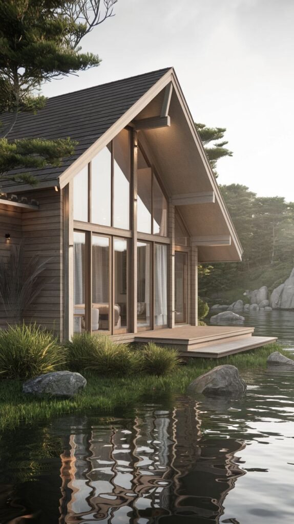 A wood exterior cottage reflected on a pond, surrounded by forestry.