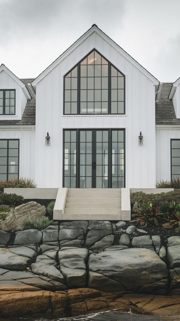 A modern white cottage with black trim and rock landscaping.