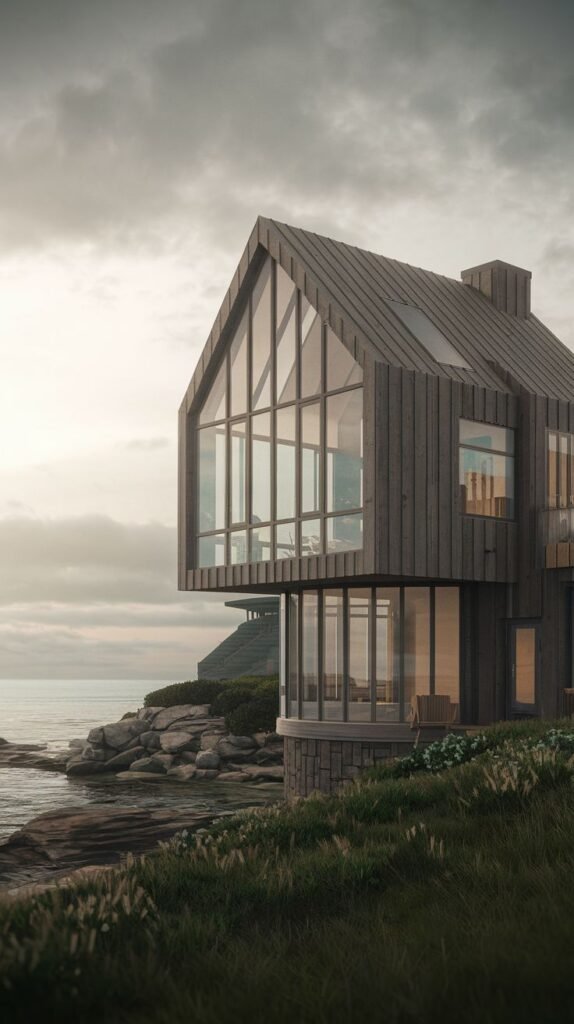 A wood cottage set on a cliff, blending with the natural surroundings.