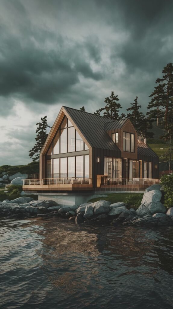 A wood exterior cottage on the water with a stone foundation.