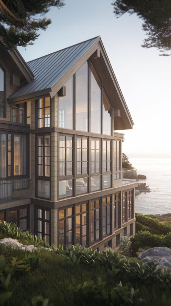 A multi-story cottage with balconies overlooking the water.