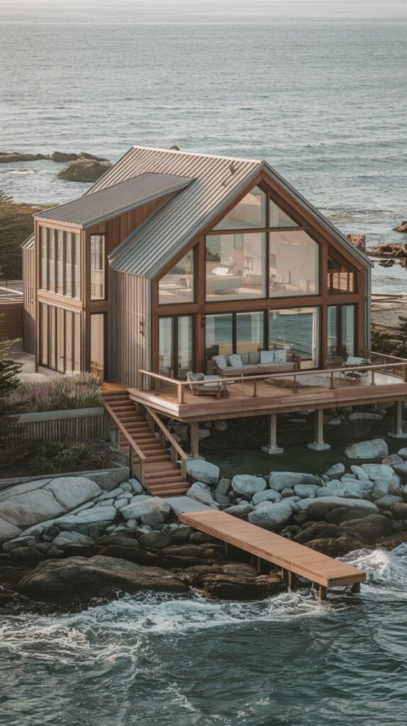 A wooden cottage with a pier extending into the ocean.