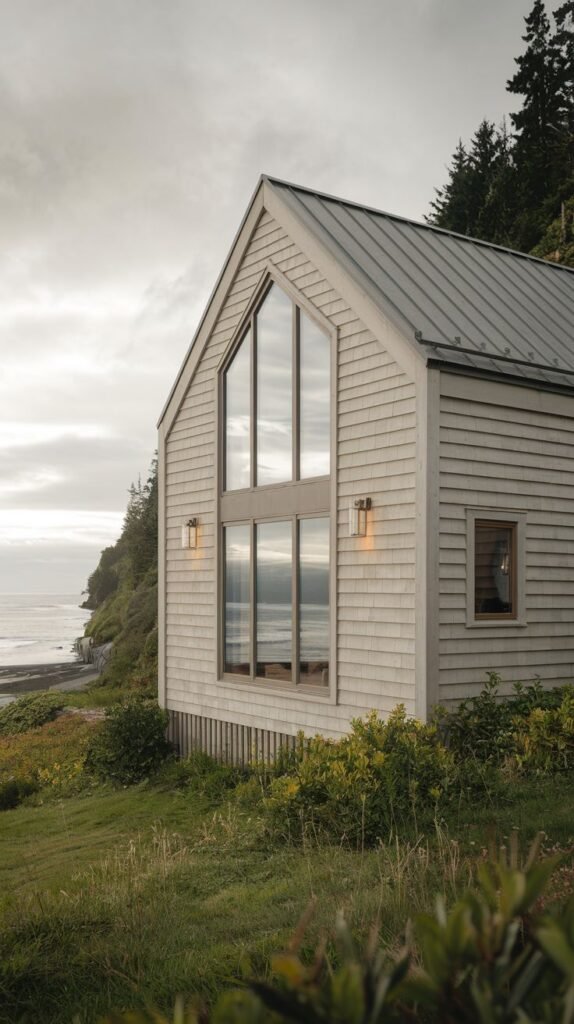 A small cottage with shiplap siding and a green lawn.