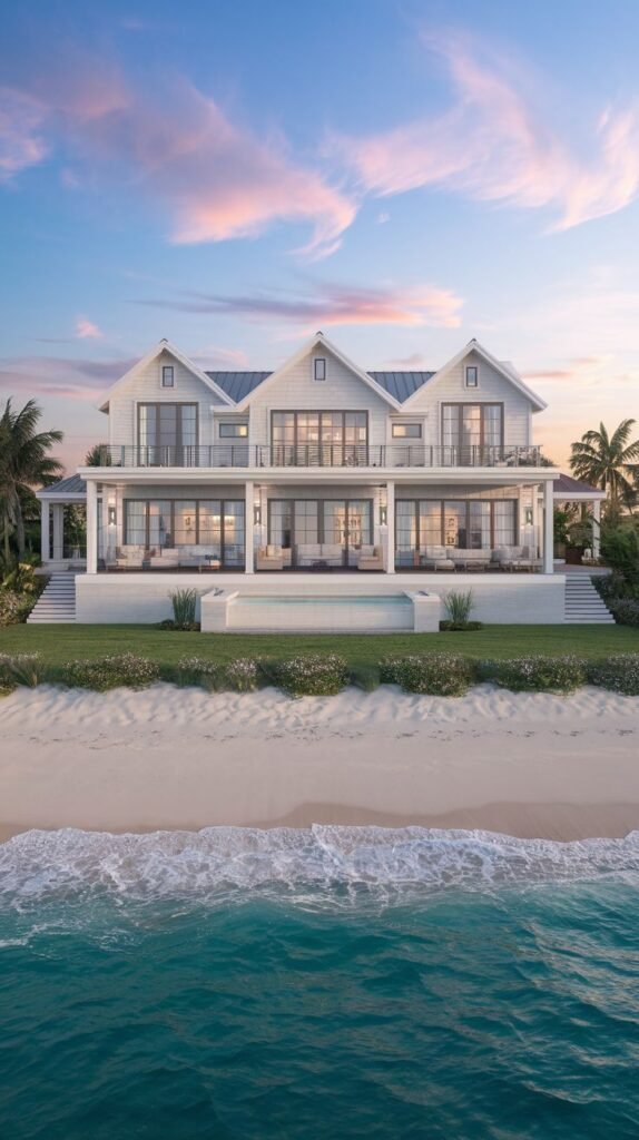 A white cottage on a beach lined with palm trees.