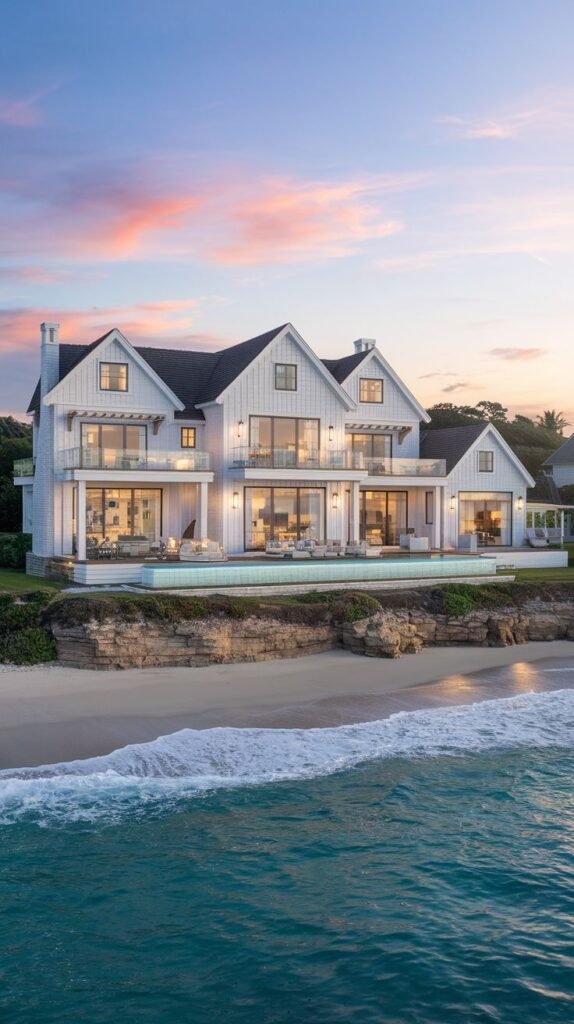 A large white cottage with multiple balconies and an ocean view.