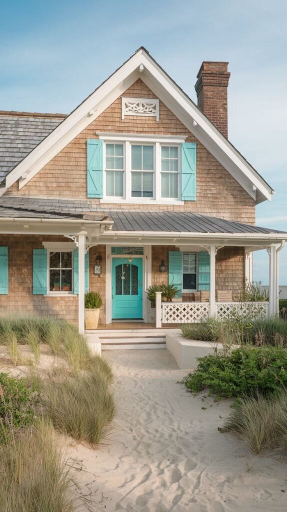 A cottage with light blue shutters.