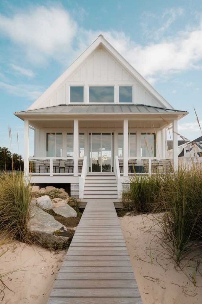 A cottage on a sandy beach with beach shrubbery.