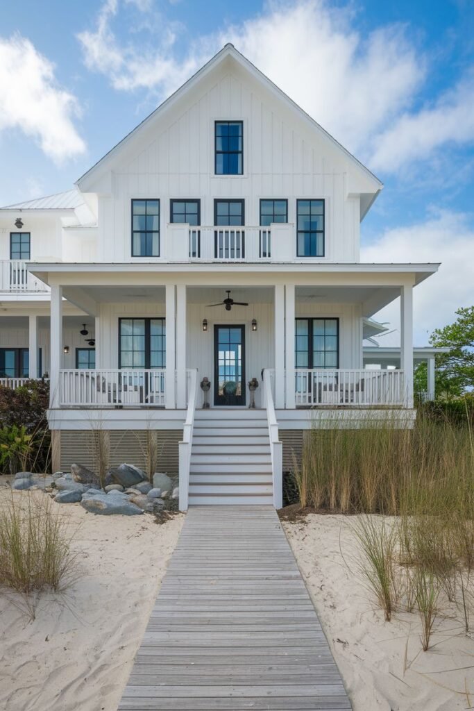 A white, two-story cottage with a porch and stairs leading to a sandy beach.