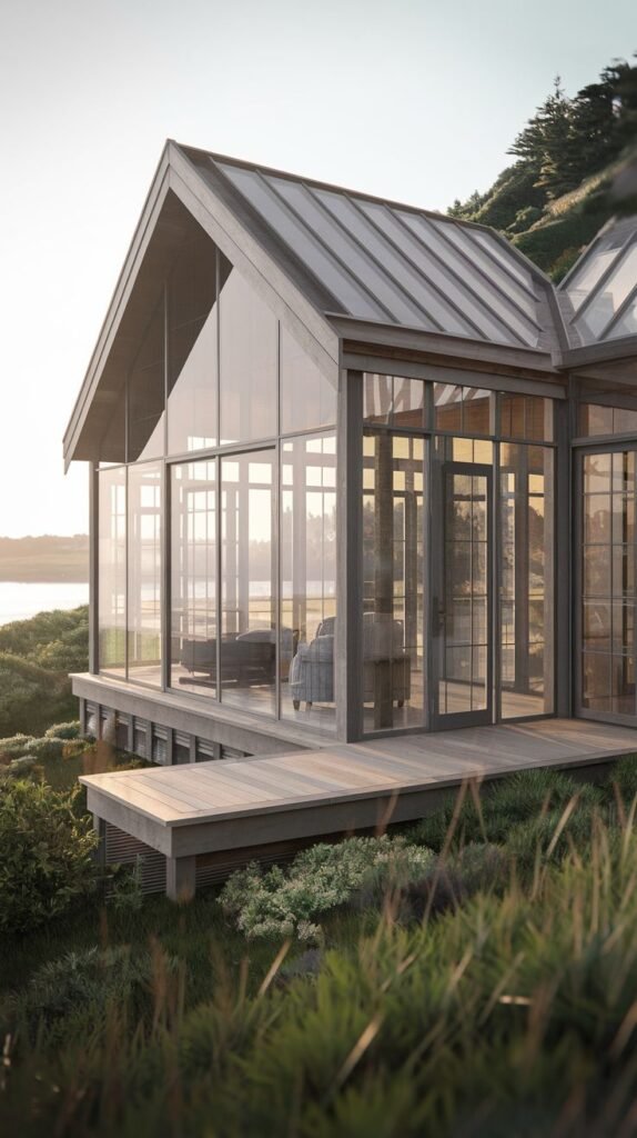 A glass cottage offering expansive views of the water.