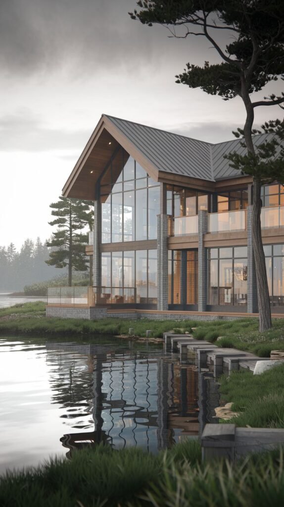 A glass and wood cottage situated on a lake.